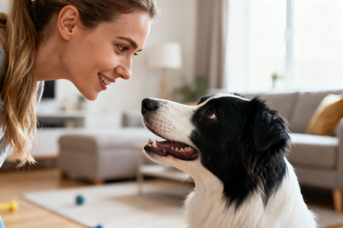 Woman using treat to guide dog's gaze upward for eye contact training
