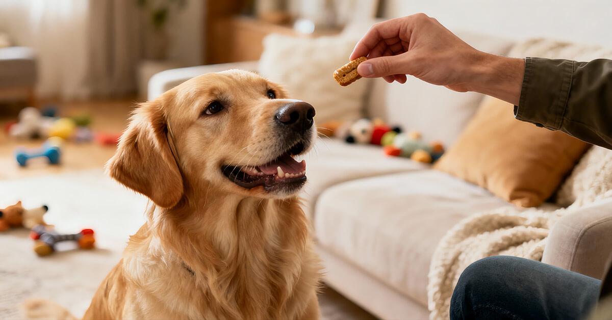 Golden retriever learning focus training exercise with owner using treats