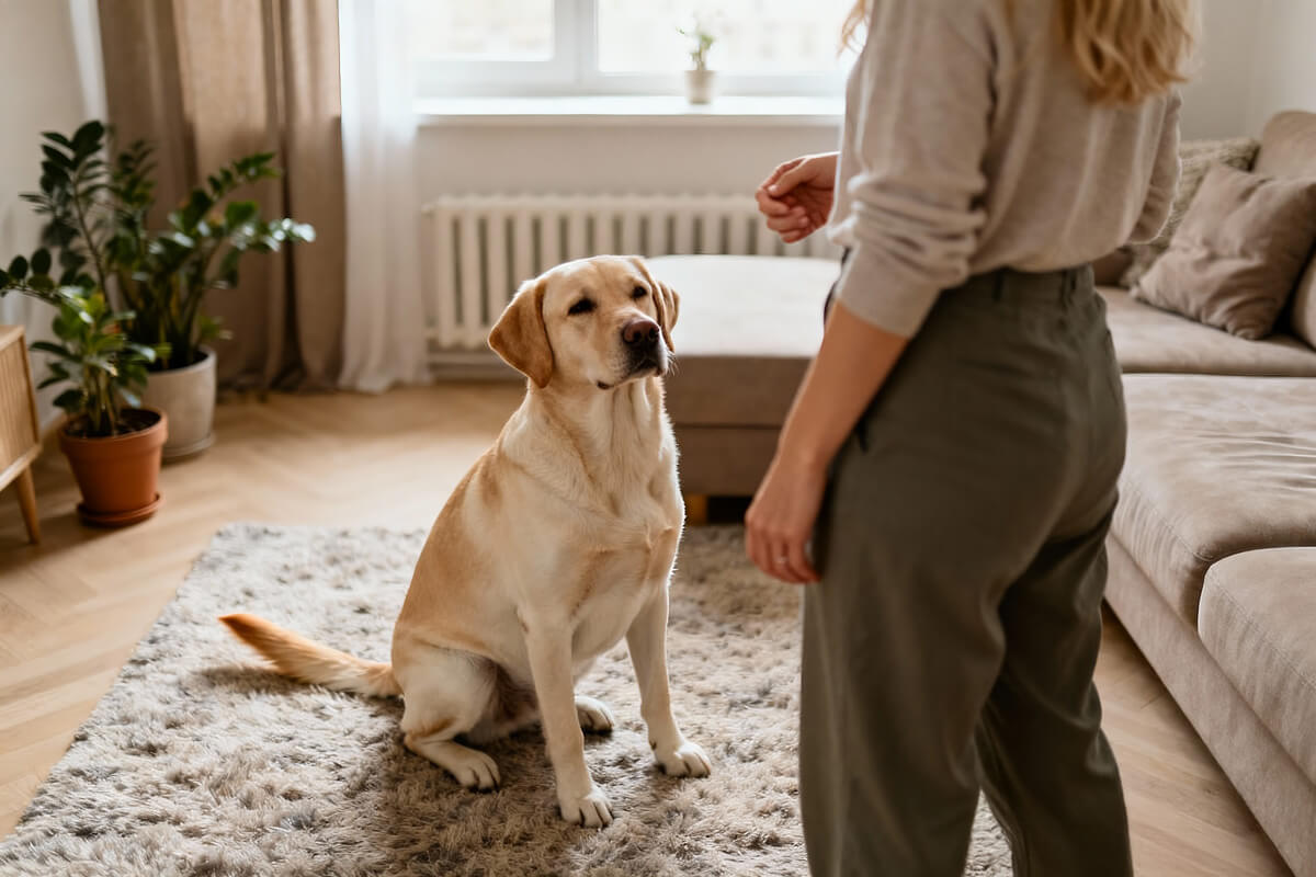 Dog learning to transition from excited to calm state during Jazz Up & Settle Down exercise